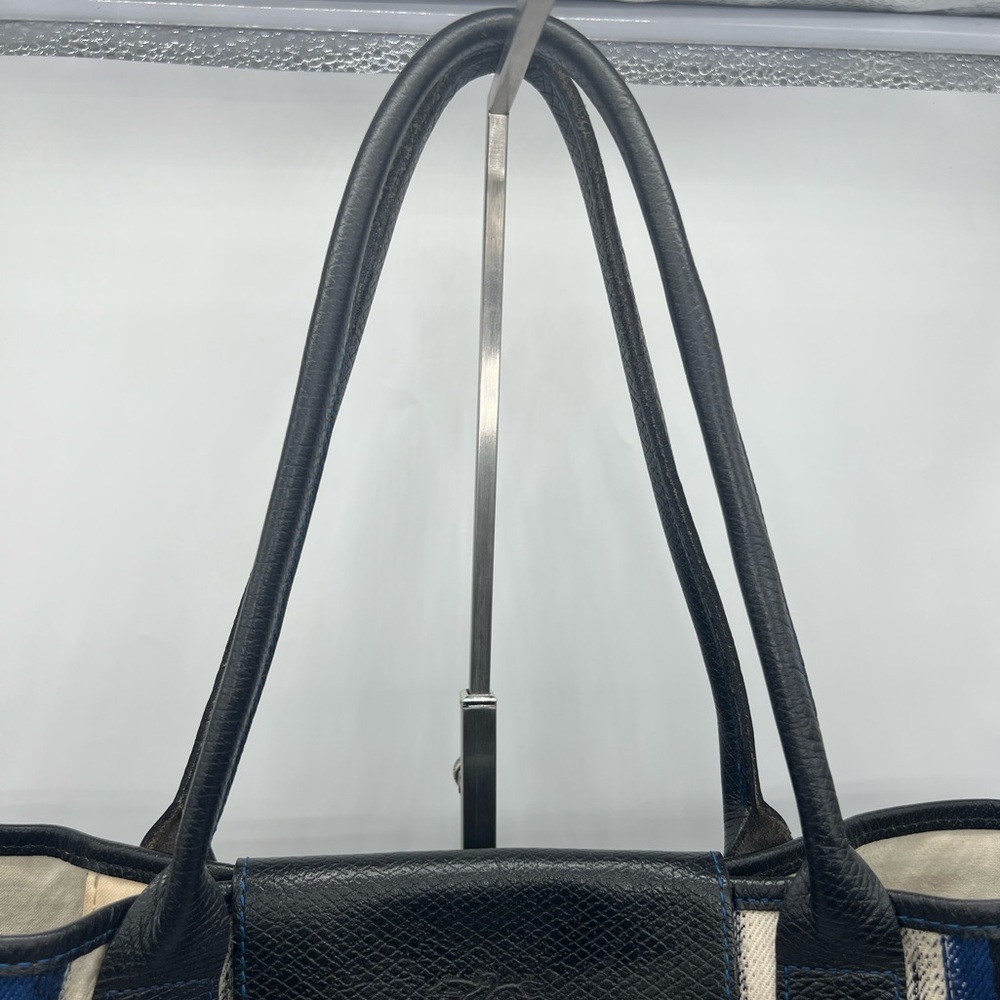 LONGCHAMP Coup De Pinceau EW Tote Blue Striped Canvas Leather Trim Shoulder Bag - Picture 6 of 17